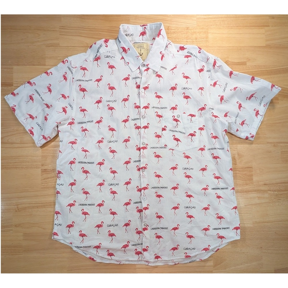 White Sands Mens 2XL Flamingo Print Cotton Short Sleeve Button Down Shirt White